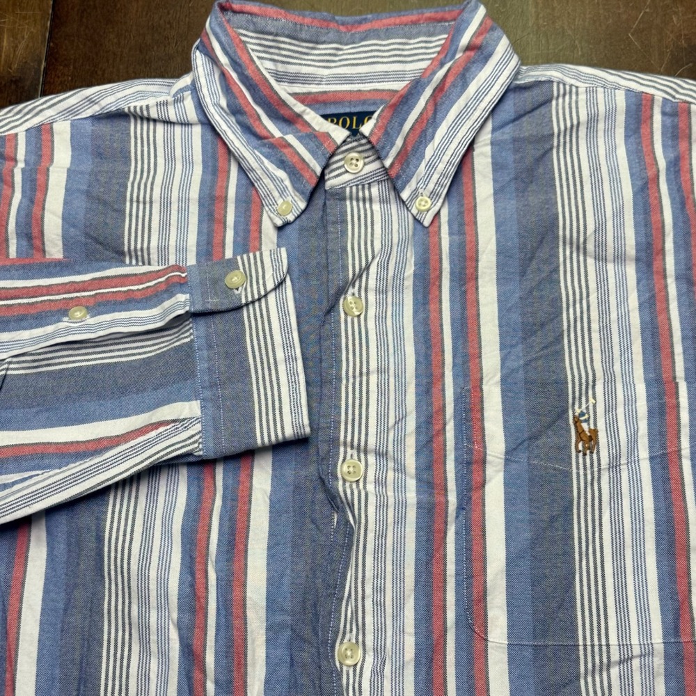 Polo Ralph Lauren Button Down Men Large Blue Red White Striped Classic Fit Shirt